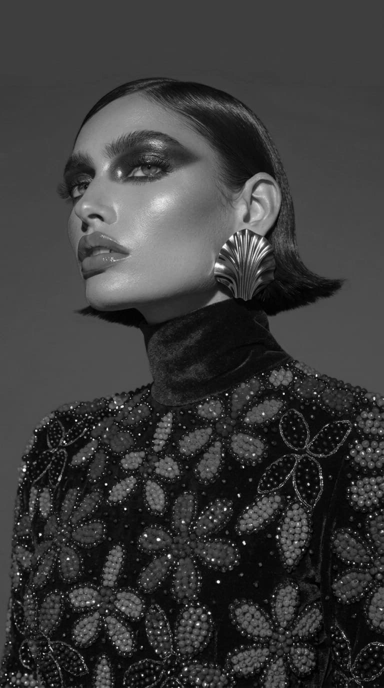 Portrait of a model in a beaded floral top and a gold shell earring, rendered in black and white.